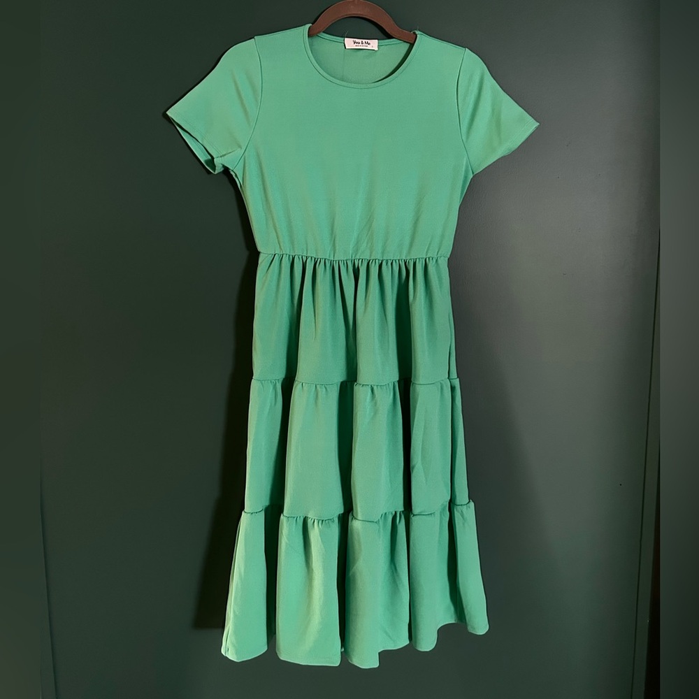 You & Me Spring Green Tiered Midi Dress with Pockets!